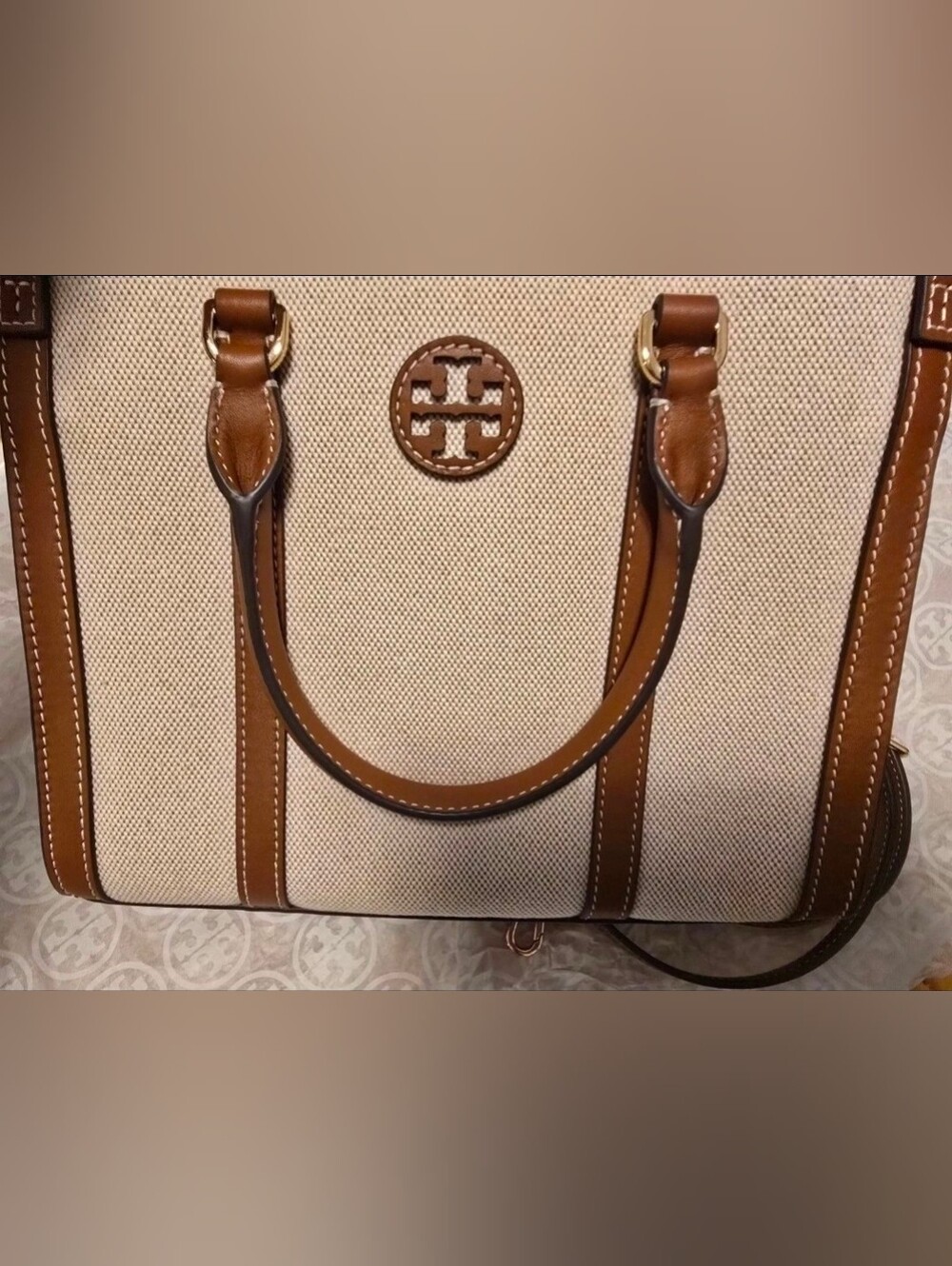 Tory Burch Blake Canvas Classic Cuoio Small Tote Natural & Tan Style 145356 New - Picture 2 of 11